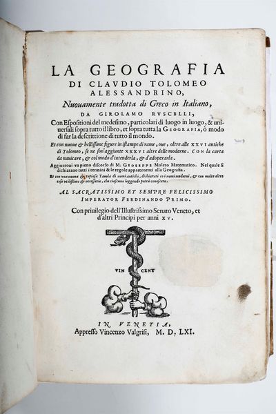 ,Claudio Tolomeo : Tolomeo Claudio La geografia... In Venezia, appresso Vincenzo Valgrifi, 1561  - Asta Libri Antichi, Stampe, Incisioni e Carte Geografiche | Cambi Time - Associazione Nazionale - Case d'Asta italiane