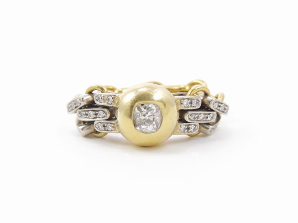 Anello a fascia morbida in oro bianco e giallo con diamanti  - Asta Gioielli d'epoca e Orologi - Associazione Nazionale - Case d'Asta italiane