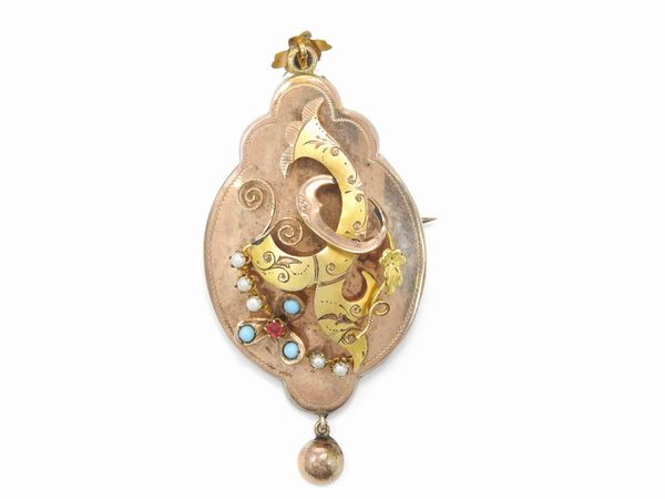 Pendente spilla borbonico in oro rosa e giallo a basso titolo con microperle e vetri  - Asta Gioielli d'epoca e Orologi - Associazione Nazionale - Case d'Asta italiane