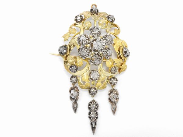 Spilla in oro giallo e argento con diamanti  - Asta Gioielli d'epoca e Orologi - Associazione Nazionale - Case d'Asta italiane