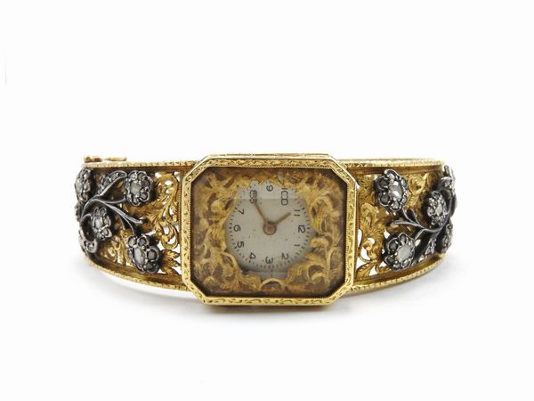 Bracciale rigido orologio in oro giallo e argento con diamanti  - Asta Gioielli d'epoca e Orologi - Associazione Nazionale - Case d'Asta italiane