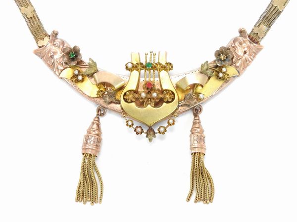 Collana borbonica in oro giallo e rosa a basso titolo con microperle  - Asta Gioielli d'epoca e Orologi - Associazione Nazionale - Case d'Asta italiane