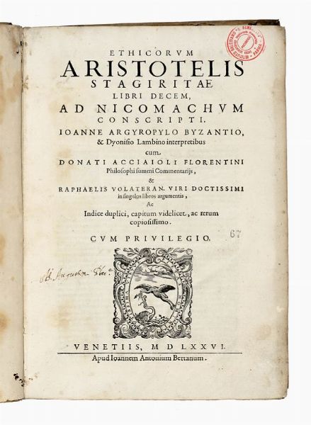 ARISTOTELES : Ethicorum [...] libri decem, ad Nicomachum conscripti.  - Asta Libri, autografi e manoscritti - Associazione Nazionale - Case d'Asta italiane