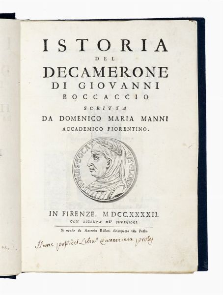 GIOVANNI BOCCACCIO : Istoria del Decamerone [...] scritta da Domenico Maria Manni.  - Asta Libri, autografi e manoscritti - Associazione Nazionale - Case d'Asta italiane