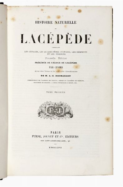 GEORGES LOUIS BUFFON : Oeuvres completes [?] avec des extraits de Daubenton et la classification de Cuvier [...]. Tome premier (-sixime).  - Asta Libri, autografi e manoscritti - Associazione Nazionale - Case d'Asta italiane