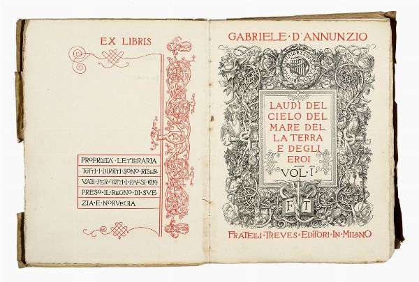 Gabriele D'Annunzio : Laudi del cielo del mare della terra e degli eroi. Vol. I (-II).  - Asta Libri, autografi e manoscritti - Associazione Nazionale - Case d'Asta italiane