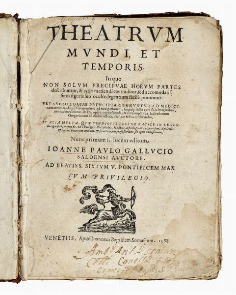 GIOVANNI PAOLO GALLUCCI : Theatrum mundi, et temporis, in quo non solum precipuae horum partes describuntur, & ratio metiendi eas traditur, sed accomodatissimis figuris sub oculos legentium facil ponuntur...  - Asta Libri, autografi e manoscritti - Associazione Nazionale - Case d'Asta italiane