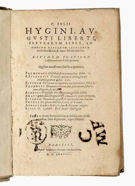 CAIUS JULIUS HYGINUS : Fabularum liber, ad omnium poetarum lectionem mite necessarius, & nunc denu excusus.  - Asta Libri, autografi e manoscritti - Associazione Nazionale - Case d'Asta italiane