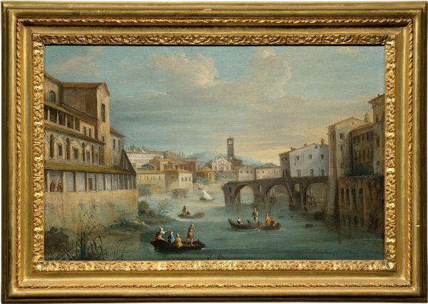 Veduta di fantasia con il Ponte Rotto, l'Isola Tiberina e Santa Maria in Cosmedin  - Asta Importanti Arredi e Dipinti Antichi - Associazione Nazionale - Case d'Asta italiane