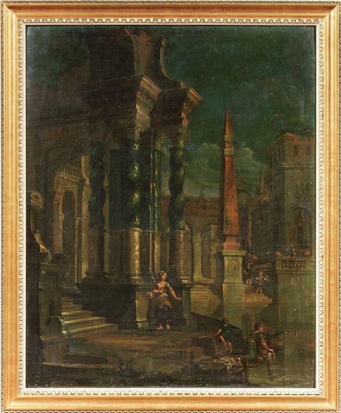 Capriccio architettonico con obelisco e figure e Capriccio architettonico con arco e figure  - Asta Importanti Arredi e Dipinti Antichi - Associazione Nazionale - Case d'Asta italiane