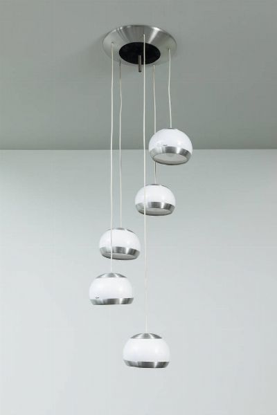 STILUX : Lampadario in metallo cromato e perspex. Anni '50 Marchio del Produttore cm 150x35  - Asta Asta 200 Illuminazione - Associazione Nazionale - Case d'Asta italiane