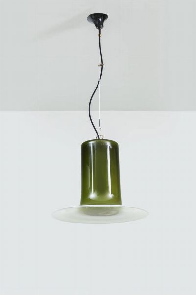 VISTOSI : Lampada a sospensione con struttura in metallo e diffusore in vetro di Murano incamiciato. Applicazione di murrina a decoro. Anni '60 cm 97x42  - Asta Asta 200 Illuminazione - Associazione Nazionale - Case d'Asta italiane