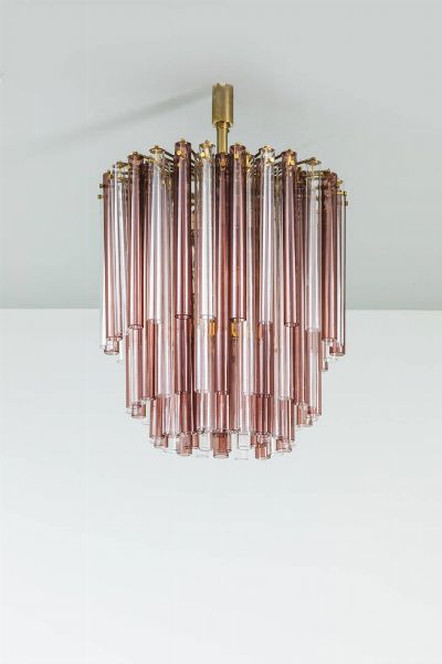 VENINI : Lampadario con elementi pendenti in vetro colorato  tige in ottone Anni '50 cm 70x46  - Asta Asta 200 Illuminazione - Associazione Nazionale - Case d'Asta italiane