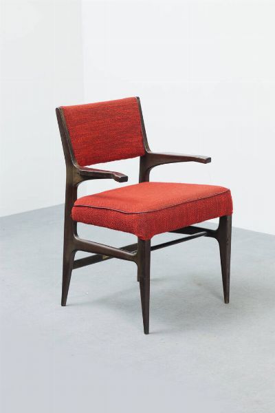 CASSINA : Poltroncina in legno di mogano  seduta e schienale imbottiti rivestiti in tessuto. Prod. Figli di Amedeo Cassina anni '50 Etichetta del Produttore cm 85x56x56  - Asta Asta 202 Design - Associazione Nazionale - Case d'Asta italiane