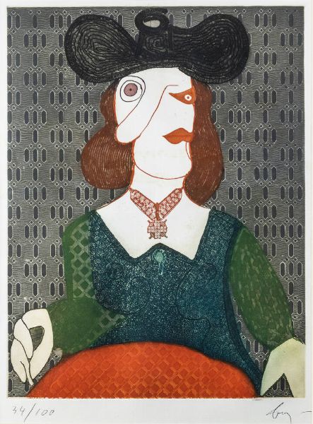 ENRICO BAJ Milano 1924 - 2003 Vergiate (VA) : Femme au chapeau 1985  - Asta Asta 201 Grafica - Associazione Nazionale - Case d'Asta italiane