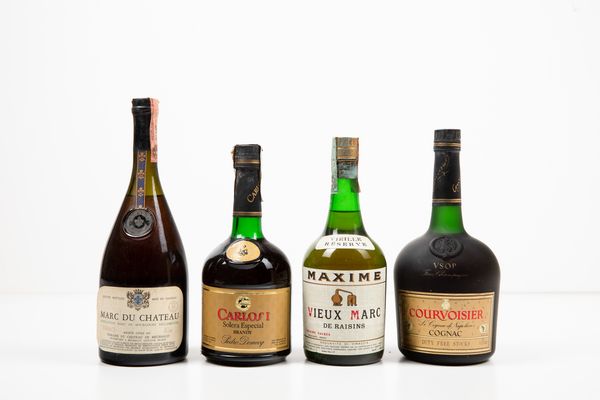 Domaine du Chateau de Meursault, Marc du Chateau<BR>Pedro Domecq, Brandy Carlos I Solera Especial<BR>Maxime Freres, Vieux Marc de Raisins<BR>Courvoisier, Fine Champagne Cognac VSOP Duty Free Stocks<BR>  - Asta Vini e Distillati da collezione e da investimento - Associazione Nazionale - Case d'Asta italiane