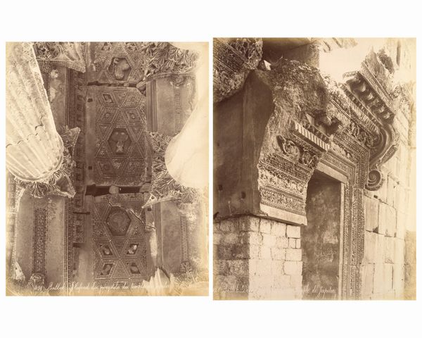 ,Félix Bonfils : Balbek, Plafond du perystile du temple de Jupiter ; Porte du temple de Jupiter  - Asta Fotografia dell'800: album di viaggio - Associazione Nazionale - Case d'Asta italiane