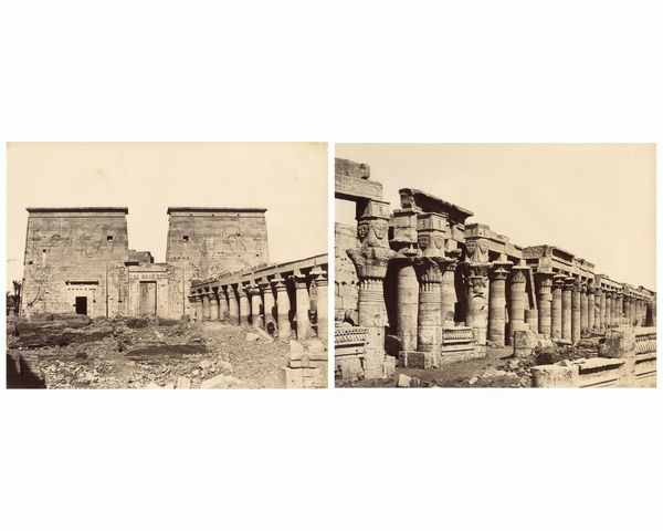 ,Antonio Beato : Phile, Les colonnades du Temple d'Isis ; Phile, Pylone avec les cononnes  - Asta Fotografia dell'800: album di viaggio - Associazione Nazionale - Case d'Asta italiane