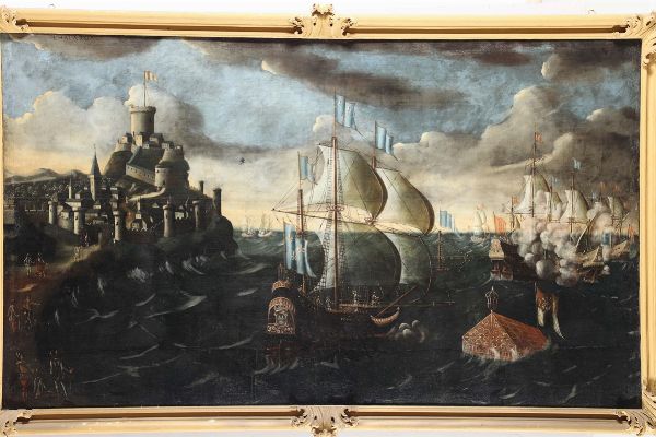 Paesaggio con battaglia navale  - Asta Antiquariato - Associazione Nazionale - Case d'Asta italiane
