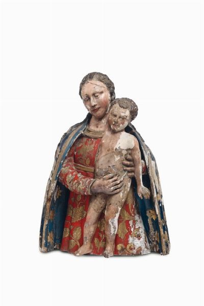 Madonna col Bambino in legno policromo. Scultore rinascimentale attivo a Napoli nel XVI secolo prossimo a Giovanni da Nola (1479-1558)  - Asta Antiquariato - Associazione Nazionale - Case d'Asta italiane