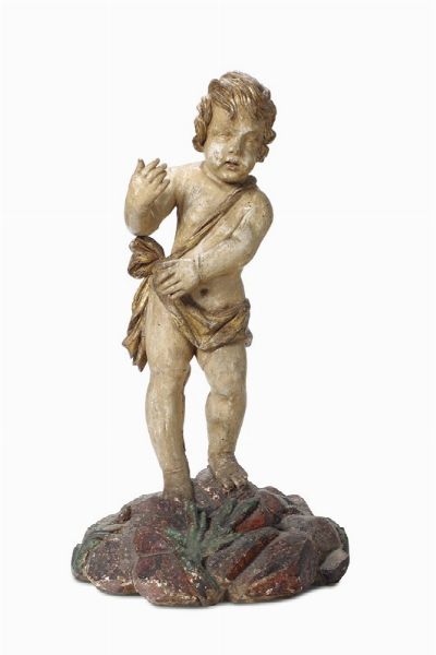Putto in legno policromo su roccia, scultore barocco del XVII secolo  - Asta Antiquariato - Associazione Nazionale - Case d'Asta italiane
