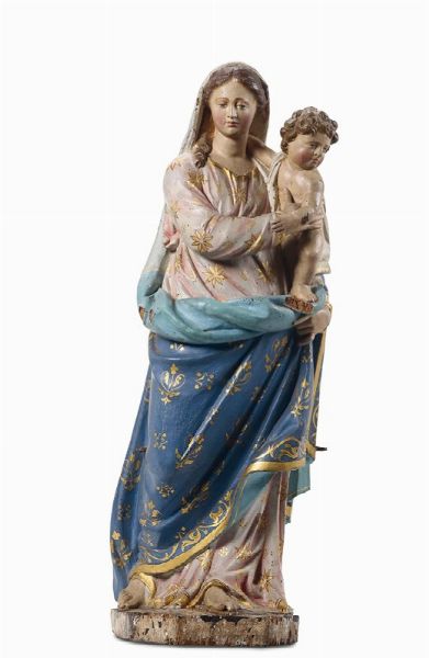 Madonna con Bambino in legno policromo e dorato, arte barocca italiana del XVII-XVIII secolo  - Asta Antiquariato - Associazione Nazionale - Case d'Asta italiane