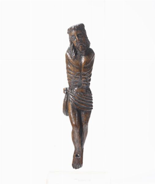 Gruppo in legno policromo raffigurante San Sebastiano e figura di Cristo crocifisso in legno intaglaito, intagliatore del XVII-XVIII secolo  - Asta Antiquariato - Associazione Nazionale - Case d'Asta italiane