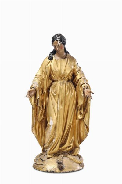 Madonna Immacolata in legno dorato e policromo, arte italiana del XIX secolo  - Asta Antiquariato - Associazione Nazionale - Case d'Asta italiane