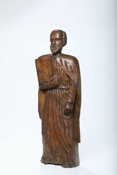 Evangelista in legno scolpito e dipinto, XVI-XVII secolo  - Asta Antiquariato - Associazione Nazionale - Case d'Asta italiane