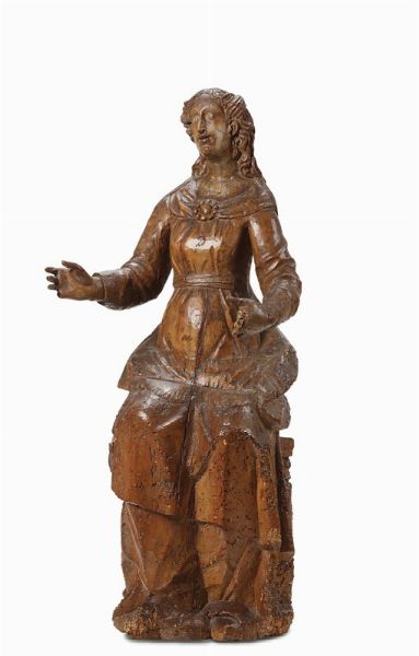 Scultura in legno raffigurante Madonna Assisa, scultore doltralpe del XVII secolo  - Asta Antiquariato - Associazione Nazionale - Case d'Asta italiane