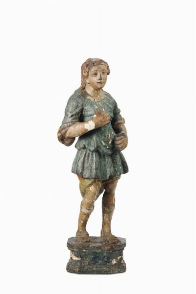 Paggio portacero in legno intagliato e policromo, scultore italiano del XVII secolo  - Asta Antiquariato - Associazione Nazionale - Case d'Asta italiane