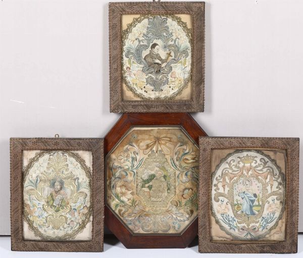 Quattro ricami in cornice con raffigurazione religiose, XIX secolo  - Asta Antiquariato - Associazione Nazionale - Case d'Asta italiane