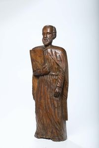 Evangelista in legno scolpito e dipinto, XVI-XVII secolo  - Asta Antiquariato - Associazione Nazionale - Case d'Asta italiane