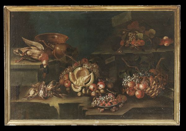 ARTISTA DEL XVII-XVIII SECOLO : Natura morta con frutta, melone e cacciagione  - Asta Asta 360 | ARTE ANTICA E DEL XIX SECOLO - Dipinti antichi e antiquariato Tradizionale - Associazione Nazionale - Case d'Asta italiane