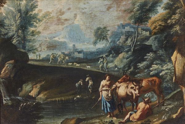 ARTISTA VENETO DEL XVIII SECOLO : Paesaggio fluviale con contadini e animali  - Asta Asta 360 | ARTE ANTICA E DEL XIX SECOLO - Dipinti antichi e antiquariato Tradizionale - Associazione Nazionale - Case d'Asta italiane