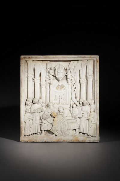 SCULTORE DEL XVIII SECOLO : Morte di San Bernardino da Siena in pietra scolpita  - Asta Asta 360 | ARTE ANTICA E DEL XIX SECOLO - Dipinti antichi e antiquariato Tradizionale - Associazione Nazionale - Case d'Asta italiane