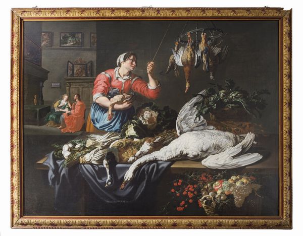 VAN UTRECHT ADRIAEN (1599 - 1652) : Ambito di. Scena di cucina con natura morta di cacciagione, frutta e ortaggi (Cristo nella casa di Marta e Maria)  - Asta Asta 360 | ARTE ANTICA E DEL XIX SECOLO - Dipinti antichi e antiquariato Tradizionale - Associazione Nazionale - Case d'Asta italiane