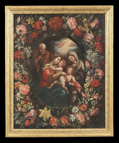 NUZZI, DETTO MARIO DE' FIORI MARIO (1603 - 1673) : Ambito di. Sacra Famiglia entro ghirlanda di fiori  - Asta Asta 360 | ARTE ANTICA E DEL XIX SECOLO - Dipinti antichi e antiquariato Tradizionale - Associazione Nazionale - Case d'Asta italiane