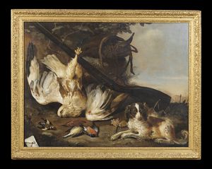 ARTISTA NAPOLETANO DEL XVIII SECOLO : Natura morta con cacciagione e cane  - Asta Asta 360 | ARTE ANTICA E DEL XIX SECOLO - Dipinti antichi e antiquariato Tradizionale - Associazione Nazionale - Case d'Asta italiane