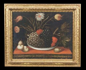 ARTISTA SPAGNOLO DEL XVII SECOLO : Coppia di dipinti raffiguranti nature morte con fiori e frutta  - Asta Asta 360 | ARTE ANTICA E DEL XIX SECOLO - Dipinti antichi e antiquariato Tradizionale - Associazione Nazionale - Case d'Asta italiane