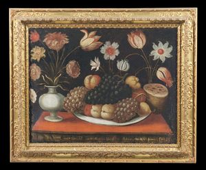 ARTISTA SPAGNOLO DEL XVII SECOLO : Coppia di dipinti raffiguranti nature morte con fiori e frutta  - Asta Asta 360 | ARTE ANTICA E DEL XIX SECOLO - Dipinti antichi e antiquariato Tradizionale - Associazione Nazionale - Case d'Asta italiane