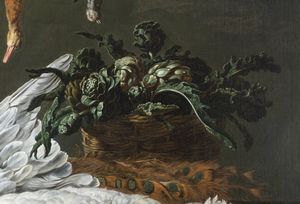 VAN UTRECHT ADRIAEN (1599 - 1652) : Ambito di. Scena di cucina con natura morta di cacciagione, frutta e ortaggi (Cristo nella casa di Marta e Maria)  - Asta Asta 360 | ARTE ANTICA E DEL XIX SECOLO - Dipinti antichi e antiquariato Tradizionale - Associazione Nazionale - Case d'Asta italiane