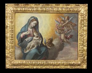 ARTISTA DEL XVII SECOLO : Madonna con Bambino e angeli  - Asta Asta 360 | ARTE ANTICA E DEL XIX SECOLO - Dipinti antichi e antiquariato Tradizionale - Associazione Nazionale - Case d'Asta italiane