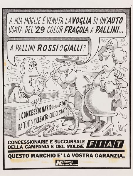 ,Benito Jacovitti 
 : FIAT. A mia Moglie  venuta voglia di un'auto...  - Asta Manifesti d'epoca - Associazione Nazionale - Case d'Asta italiane