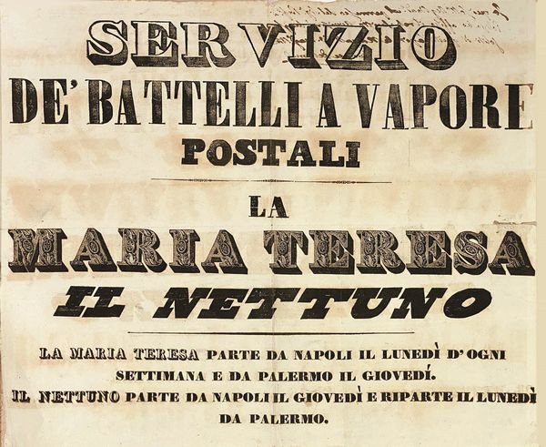 ,Anonimo : Servizio dei Battelli a Vapore Postali  La Maria Teresa e il Nettuno<BR>  - Asta Manifesti d'epoca - Associazione Nazionale - Case d'Asta italiane