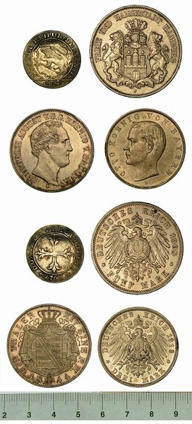 GERMANIA. Lotto di quattro monete. Germania. Sassonia. Friedrich August II, 1836-1854. Thaler 1844. Hamburg - Free City. 5 Mark 1908. Baviera. Otto von Wittelsbach, 1886-1913. 3 Mark 1913. (Svizzera.) Bern. 4 Kreuzer 1765. KM# 1148-610-996-87. Arg.   Conservazioni da MB a pi di SPL.  - Asta Numismatica  - Associazione Nazionale - Case d'Asta italiane