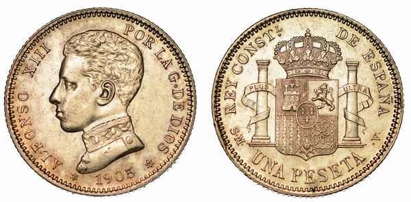 SPAGNA. ALFONSO XIII, 1886-1931. Peseta 1905.  - Asta Numismatica  - Associazione Nazionale - Case d'Asta italiane