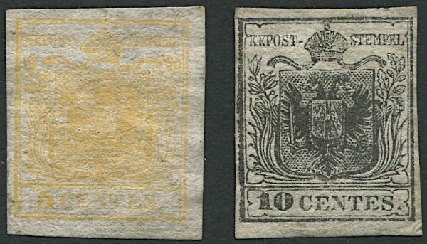 1850, Lombardo Veneto, 5 centesimi giallo arancio chiaro e 10 centesimi nero (S. 1f, 2).  - Asta Filatelia e Storia Postale - Associazione Nazionale - Case d'Asta italiane