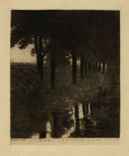 FRANZ VON STUCK : Forellenwehier (Stagno delle trote).  - Asta Stampe, disegni e dipinti antichi, moderni e contemporanei - Associazione Nazionale - Case d'Asta italiane