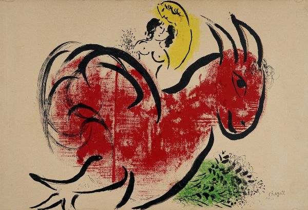 Marc Chagall : Le coq rouge.  - Asta Stampe, disegni e dipinti antichi, moderni e contemporanei - Associazione Nazionale - Case d'Asta italiane